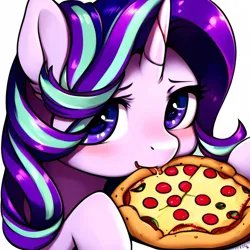 Size: 2048x2048 | Tagged: safe, derpibooru import, machine learning generated, purplesmart.ai, stable diffusion, starlight glimmer, pony, unicorn, cute, eating, female, food, glimmerbetes, image, looking at you, mare, pizza, png, simple background, solo, white background