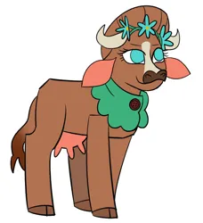 Size: 2100x2300 | Tagged: safe, artist:nonameorous, derpibooru import, cow, them's fightin' herds, cloven hooves, community related, female, floral head wreath, flower, horns, image, madison (tfh), neckerchief, png, simple background, smiling, solo, tail, udder, white background