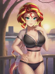 Size: 1020x1360 | Tagged: suggestive, derpibooru import, editor:sammykun, machine learning generated, novelai, stable diffusion, sunset shimmer, human, equestria girls, architecture, belly button, bikini, breasts, busty sunset shimmer, cherry blossoms, clothes, female, fence, fishnet clothing, flower, flower blossom, humanized, image, japanese, kimono (clothing), lamp, legwear, lips, looking at you, midriff, moon runes, panties, png, sexy, smiling, solo, stupid sexy sunset shimmer, swimsuit, tree, underwear, wood, yukata