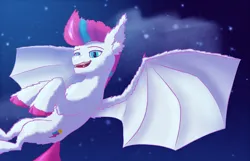 Size: 1836x1184 | Tagged: safe, artist:gosha305, derpibooru import, zipp storm, bat pony, pony, bat ponified, bat wings, chest fluff, ear fluff, fangs, female, flying, full body, g5, grin, image, mare, night, night sky, png, race swap, sky, sky background, smiling, smug, solo, solo female, spread wings, wings