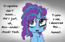 Size: 2000x1308 | Tagged: semi-grimdark, artist:chopsticks, derpibooru import, pony, unicorn, g5, abuse, black eye, bruised, bust, cheek fluff, chest fluff, chipped tooth, crying, denial, dialogue, female, hair over one eye, image, implied opaline arcana, mare, misty brightdawn, misty deserves better, mistybuse, opabitch, png, solo, talking to viewer, tears of pain, teary eyes