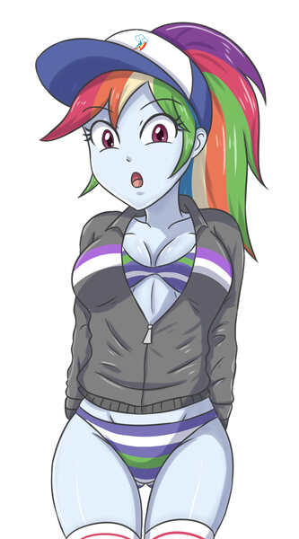 Size: 1540x2775 | Tagged: safe, artist:sumin6301, derpibooru import, rainbow dash, equestria girls, breasts, busty rainbow dash, cap, clothes, female, hat, high res, image, jpeg, open mouth, simple background, socks, solo, striped socks, white background