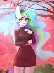 Size: 2216x3000 | Tagged: safe, artist:kutoshi, derpibooru import, princess celestia, alicorn, anthro, beautiful, breasts, busty princess celestia, cherry blossoms, clothes, curvy, dress, female, flower, flower blossom, hand on chest, image, lips, long nails, looking at you, png, sweater, sweater dress, thighs, turtleneck, wide hips, wind, windswept mane