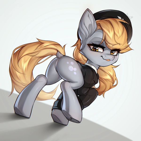 Size: 1920x1920 | Tagged: safe, artist:minekoo2, derpibooru import, derpy hooves, earth pony, pony, butt, clothes, costume, dock, featureless crotch, female, hat, image, looking at you, looking back, looking back at you, peaked cap, png, rear view, tail, tongue out, wingless