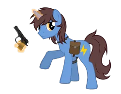 Size: 2869x2215 | Tagged: safe, artist:equestria secret guard, derpibooru import, oc, oc:frozen flash, oc:冰闪, unicorn, bag, flashlight (object), gun, hoofgun, horn, image, magic, male, png, saddle bag, silent congruence town, silent congruence town 2, simple background, telekinesis, transparent background, unicorn oc, weapon