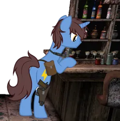 Size: 3743x3770 | Tagged: safe, artist:equestria secret guard, derpibooru import, oc, oc:frozen flash, oc:冰闪, unicorn, alcohol, bag, bipedal, bipedal leaning, butt, counter, flashlight (object), gun, hoofgun, horn, image, leaning, male, plot, png, rear view, saddle bag, silent congruence town, silent congruence town 2, simple background, standing on two hooves, transparent background, unicorn oc, weapon, wine
