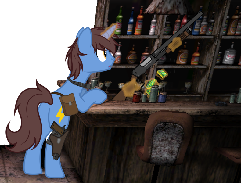 Size: 5133x3900 | Tagged: safe, artist:equestria secret guard, derpibooru import, oc, oc:frozen flash, oc:冰闪, unicorn, ammunition, bag, bipedal, bipedal leaning, bullet, counter, flashlight (object), gun, hoofgun, horn, image, leaning, magic, male, png, rear view, saddle bag, shotgun, shotgun shell, silent congruence town, silent congruence town 2, simple background, standing on two hooves, telekinesis, transparent background, unicorn oc, weapon