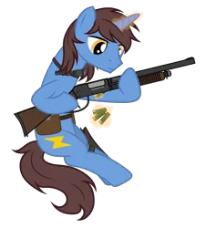 Size: 2953x3264 | Tagged: safe, artist:equestria secret guard, derpibooru import, oc, oc:frozen flash, oc:冰闪, unofficial characters only, unicorn, ammunition, bag, flashlight (object), gun, hoof hold, hoofgun, horn, image, magic, male, png, reloading, saddle bag, shotgun, shotgun shell, silent congruence town, silent congruence town 2, simple background, sitting, telekinesis, transparent background, unicorn oc, weapon