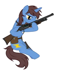 Size: 2718x3392 | Tagged: safe, artist:equestria secret guard, derpibooru import, oc, oc:frozen flash, oc:冰闪, unofficial characters only, unicorn, ammunition, bag, flashlight (object), gun, hoof hold, hoofgun, horn, image, male, png, reloading, saddle bag, shotgun, shotgun shell, silent congruence town, silent congruence town 2, simple background, sitting, transparent background, unicorn oc, weapon