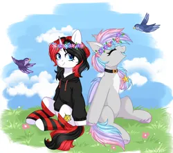 Size: 1714x1518 | Tagged: safe, artist:freyamilk, derpibooru import, oc, oc:dreamyway skies, oc:starforce fireline, unofficial characters only, bat pony, bird, pony, unicorn, accessory, bat pony oc, bat wings, blue eyes, chest fluff, clothes, cloud, collar, commission, ear tufts, eyes closed, female, flower, flower in hair, grass, grass field, hair accessory, happy, hoodie, hoof hold, hooves, horn, image, looking at you, mare, meadow, open mouth, png, pony oc, sky, socks, sparkly mane, sparkly tail, tail, unicorn oc, wings