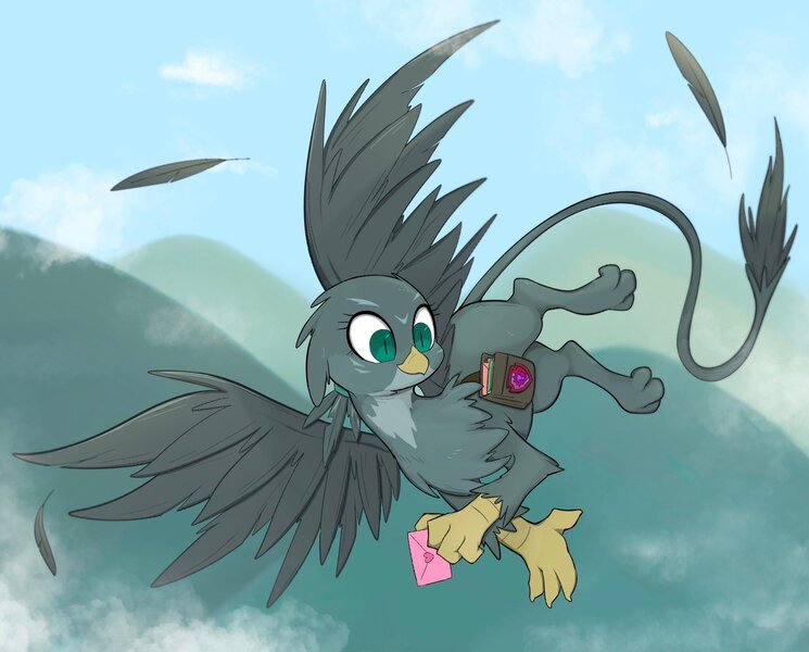 Size: 2048x1650 | Tagged: safe, artist:noupu, derpibooru import, gabby, gryphon, bag, cute, cutie mark crusaders patch, feather, flying, gabbybetes, holding, image, jpeg, looking back, mail, mailbag, solo