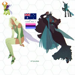 Size: 2048x2048 | Tagged: safe, artist:cryweas, derpibooru import, queen chrysalis, thorax, changedling, changeling, human, alternate hairstyle, australia, australian, boots, bracelet, clothes, corset, crown, dark skin, dress, duo, elf ears, eyeshadow, genderfluid, genderfluid pride flag, high heel boots, humanized, image, jewelry, jpeg, lipstick, makeup, nail polish, pride, pride flag, regalia, shoes, simple background, socks, stockings, thigh highs, white background, winged humanization, wings