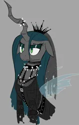 Size: 796x1249 | Tagged: safe, artist:ikarooz, derpibooru import, queen chrysalis, changeling, changeling queen, bust, choker, clothes, collar, crown, female, fishnets, goth, image, jewelry, jpeg, makeup, regalia, simple background, solo, spiked collar