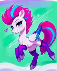 Size: 1536x1920 | Tagged: safe, derpibooru import, editor:siber, machine learning generated, purplesmart.ai, stable diffusion, zipp storm, pegasus, pony, g5, abstract background, clothes, female, image, jpeg, looking at you, mare, smiling, smiling at you, socks, solo, thigh highs