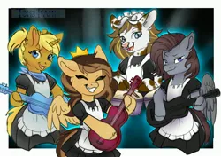 Size: 3507x2480 | Tagged: safe, artist:tokokami, derpibooru import, oc, oc:biscuit, oc:blackened blue, oc:deus, oc:prince whateverer, unofficial characters only, cow, pegasus, pony, unicorn, bass guitar, bipedal, closed mouth, cow oc, crown, drums, eyes closed, eyes open, guitar, horn, image, jewelry, jpeg, male oc, musical instrument, open mouth, pegasus oc, playing instrument, regalia, signature, unicorn oc, wings