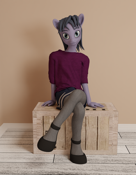 Size: 1680x2160 | Tagged: safe, artist:cicada bluemoon, derpibooru import, oc, oc:cicada bluemoon, unofficial characters only, anthro, 3d, anthro oc, box, clothes, crossdressing, femboy, image, looking at you, male, png, room, shirt, shoes, sitting, skirt, socks, solo, stockings, t-shirt, thigh highs