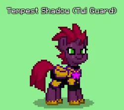 Size: 948x840 | Tagged: safe, derpibooru import, tempest shadow, pony, unicorn, pony town, armor, broken horn, female, green background, horn, image, mare, png, royal guard, simple background, solo, tempest becomes a royal guard, twilight guard