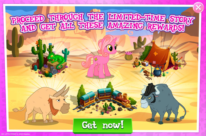 Size: 1962x1300 | Tagged: safe, derpibooru import, idw, official, doc holstein, king longhorn, unnamed character, unnamed pony, bull, pony, unicorn, advertisement, axe, bandana, barrel, bush, cactus, cloven hooves, english, female, gameloft, hat, horn, horns, idw showified, image, jpeg, limited-time story, male, mare, mobile game, my little pony: magic princess, pot, saw, tent, text, train, weapon