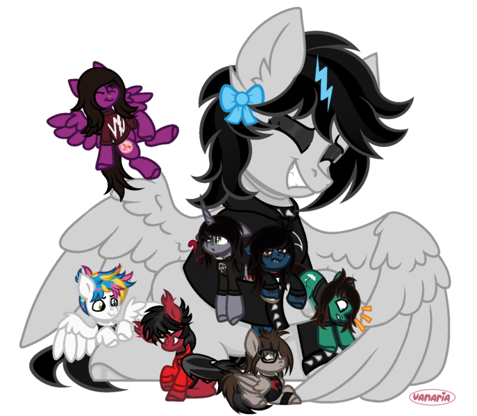 Size: 1856x1622 | Tagged: safe, artist:vanaria, derpibooru import, oc, oc:lightning dee, ponified, ponified:kellin quinn, ponified:oliver sykes, bat pony, earth pony, pegasus, pony, undead, unicorn, zombie, zombie pony, awsten knight, bat wings, bone, bow, bracelet, bring me the horizon, choker, clothes, commission, disguise, disguised siren, dyed mane, dyed tail, ear fluff, eyes closed, eyeshadow, fall out boy, falling, fangs, female, floppy ears, folded wings, glasses, grin, group, grumpy, hair over one eye, happy, heterochromia, holding, hoodie, horn, hug, image, jewelry, lip piercing, lying down, makeup, male, mare, mikey way, my chemical romance, necklace, nose piercing, partially open wings, pete wentz, pierce the veil, piercing, png, prone, question mark, scar, shirt, sitting, sleeping with sirens, smiling, spiked choker, spiked wristband, spread wings, stallion, stitches, t-shirt, tail, tattoo, tiny, tiny ponies, tom sykes, vic fuentes, waterparks, winghug, wings, wristband, ych result