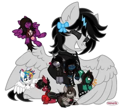 Size: 1856x1622 | Tagged: safe, artist:vanaria, derpibooru import, oc, oc:lightning dee, ponified, ponified:kellin quinn, ponified:oliver sykes, bat pony, earth pony, pegasus, pony, undead, unicorn, zombie, zombie pony, awsten knight, bat wings, bone, bow, bracelet, bring me the horizon, choker, clothes, commission, disguise, disguised siren, dyed mane, dyed tail, ear fluff, eyes closed, eyeshadow, fall out boy, falling, fangs, female, floppy ears, folded wings, glasses, grin, group, grumpy, hair over one eye, happy, heterochromia, holding, hoodie, horn, hug, image, jewelry, lip piercing, lying down, makeup, male, mare, mikey way, my chemical romance, necklace, nose piercing, partially open wings, pete wentz, pierce the veil, piercing, png, prone, question mark, scar, shirt, sitting, sleeping with sirens, smiling, spiked choker, spiked wristband, spread wings, stallion, stitches, t-shirt, tail, tattoo, tiny, tiny ponies, tom sykes, vic fuentes, waterparks, winghug, wings, wristband, ych result