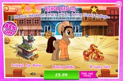 Size: 1956x1301 | Tagged: safe, derpibooru import, idw, official, blazing saddle, earth pony, pony, advertisement, clothes, costs real money, cowboy hat, english, gameloft, hat, idw showified, image, jpeg, male, mobile game, my little pony: magic princess, numbers, sale, shirt, solo, solo focus, stallion, statue, text