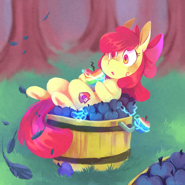 Size: 2048x2048 | Tagged: safe, artist:urbanqhoul, derpibooru import, apple bloom, earth pony, pony, :o, apple, bucket, chest fluff, female, filly, foal, food, image, jpeg, lying down, on back, open mouth, solo, zap apple