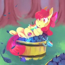 Size: 2048x2048 | Tagged: safe, artist:urbanqhoul, derpibooru import, apple bloom, earth pony, pony, :o, apple, bucket, chest fluff, female, filly, foal, food, image, jpeg, lying down, on back, open mouth, solo, zap apple