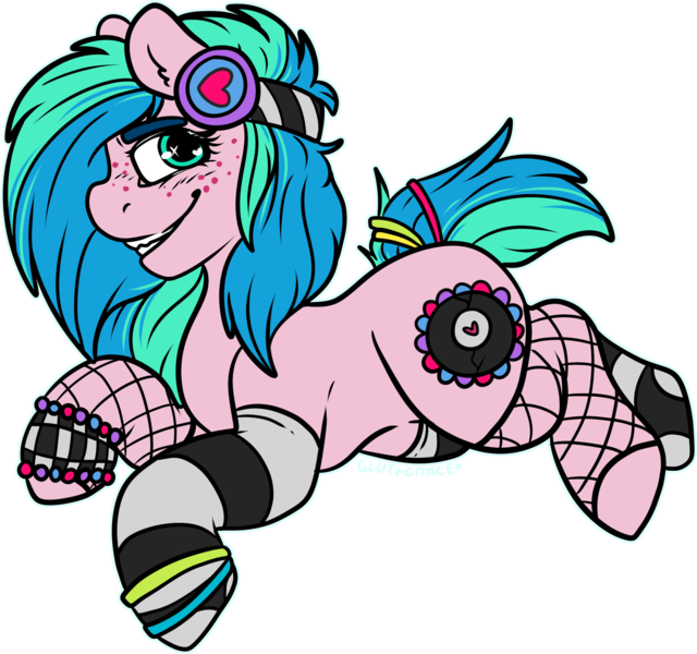 Size: 1736x1627 | Tagged: safe, artist:sexygoatgod, derpibooru import, oc, oc:groove surfer, unofficial characters only, earth pony, pony, adoptable, clothes, female, fishnets, glowstick, headphones, image, mare, mismatched socks, png, sock, socks, stockings, thigh highs