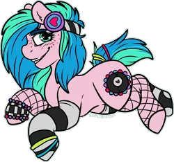Size: 1736x1627 | Tagged: safe, artist:sexygoatgod, derpibooru import, oc, oc:groove surfer, unofficial characters only, earth pony, pony, adoptable, clothes, female, fishnets, glowstick, headphones, image, mare, mismatched socks, png, sock, socks, stockings, thigh highs