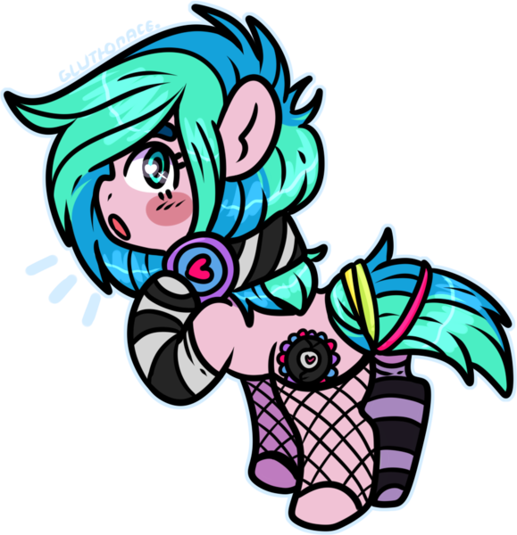 Size: 913x946 | Tagged: safe, artist:sexygoatgod, derpibooru import, oc, oc:groove surfer, unofficial characters only, earth pony, pony, adoptable, butt, chibi, clothes, female, fishnets, glowstick, headphones, image, mare, mismatched socks, plot, png, rear view, sock, socks, stockings, thigh highs