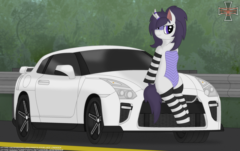 Size: 3605x2269 | Tagged: safe, alternate version, artist:blued_cross31, derpibooru import, oc, oc:weel'kha, unofficial characters only, kirin, pony, bedroom eyes, car, clothes, female, image, initial d, kirin oc, nissan, nissan gt-r, png, sitting, socks, solo, thigh highs, vehicle