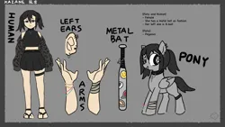 Size: 1920x1080 | Tagged: safe, artist:metaruscarlet, derpibooru import, oc, oc:kazane, unofficial characters only, human, pegasus, pony, 8 ball, asian, bandage, baseball bat, belt, bracelet, clothes, collar, ear piercing, earring, feet, female, grin, humanized, humanized oc, image, jacket, japanese, jewelry, leather, leather jacket, mare, midriff, moon runes, piercing, png, reference sheet, sandals, smiling, solo, sports bra, wristband