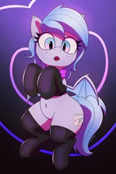 Size: 1954x2921 | Tagged: safe, artist:pabbley, derpibooru import, oc, oc:lucky roll, bat pony, pony, :o, bat pony oc, bat wings, belly button, bipedal, bowtie, chubby, clothes, female, heart, heart background, image, jpeg, looking at you, mare, open mouth, socks, solo, stockings, thigh highs, wings