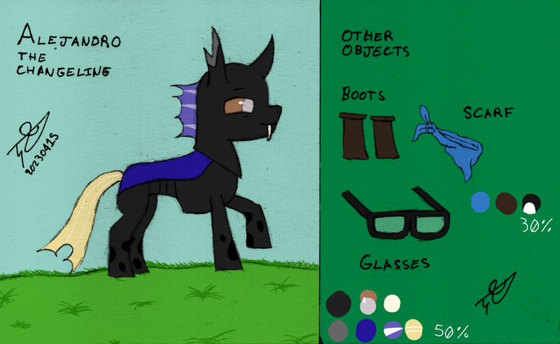 Size: 1170x720 | Tagged: safe, artist:alejandrogmj, derpibooru import, oc, oc:alejandrogmj, changeling, boots, changeling oc, clothes, glasses, image, png, reference sheet, scarf, shoes