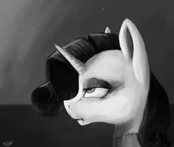 Size: 2662x2252 | Tagged: safe, artist:minckies, derpibooru import, rarity, pony, unicorn, bust, dead, eyes rolling back, female, grayscale, image, jpeg, mare, monochrome, solo, taxidermy