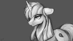 Size: 2920x1658 | Tagged: safe, artist:minckies, derpibooru import, oc, unofficial characters only, pony, unicorn, female, gray background, horn, image, jpeg, mare, signature, simple background, solo, unamused, unicorn oc