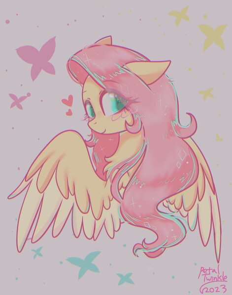 Size: 1074x1368 | Tagged: safe, artist:petaltwinkle, derpibooru import, fluttershy, pegasus, pony, blushing, bust, chest fluff, eye clipping through hair, female, floating heart, floppy ears, gray background, heart, image, jpeg, looking at you, looking back, looking back at you, mare, partially open wings, signature, simple background, smiling, smiling at you, solo, wings