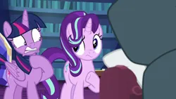 Size: 1280x720 | Tagged: safe, derpibooru import, screencap, rarity, starlight glimmer, twilight sparkle, twilight sparkle (alicorn), alicorn, pony, unicorn, it isn't the mane thing about you, disgusted, duo, female, image, mare, png, reaction image, shrunken pupils, trio, twilight's castle, unamused