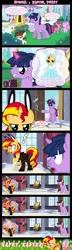 Size: 1280x4420 | Tagged: safe, artist:bigsnusnu, derpibooru import, pipsqueak, sunset shimmer, twilight sparkle, comic:dusk shine in pursuit of happiness, animal costume, bowtie, bunny costume, bunny ears, bunny suit, camera, canterlot castle, clothes, comic, costume, dusk shine, easter, easter bunny, easter egg, embarrassed, happy easter, high heels, holiday, image, png, red face, rule 63, shoes, socks, stockings, thigh highs