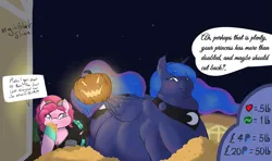 Size: 7405x4389 | Tagged: suggestive, artist:magicghostslime, derpibooru import, pinkie pie, princess luna, alicorn, earth pony, pony, series:luna's halloween treat feast, absurd resolution, belly, big belly, blushing, candy, chubby cheeks, dialogue, double chin, duo, duo female, fat, female, food, halloween, holiday, image, incentive drive, jack-o-lantern, looking at you, morbidly obese, night, nightmare night, note expansion, obese, png, princess moonpig, pudgy pie, pumpkin, speech bubble, stars, talking to viewer, weight gain, weight gain sequence