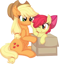 Size: 6921x7569 | Tagged: safe, artist:cyanlightning, derpibooru import, apple bloom, applejack, earth pony, pony, .svg available, absurd resolution, apple bloom's bow, applejack's hat, boop, bow, box, cowboy hat, cute, duo, female, filly, foal, hair bow, hat, image, mare, png, simple background, sitting, tongue out, transparent background, vector