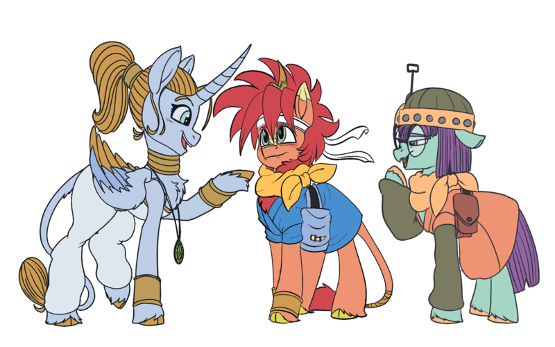 Size: 1920x1200 | Tagged: safe, artist:brainiac, derpibooru import, ponified, alicorn, earth pony, kirin, pony, alicornified, chrono trigger, crono, crossover, female, image, kirinified, lucca, male, mare, marle, png, race swap, simple background, species swap, stallion, transparent background