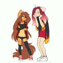 Size: 3000x3000 | Tagged: safe, artist:katputze, derpibooru import, oc, oc:apogee (tinygaypirate), oc:crimson sunset, unofficial characters only, anthro, dog, plantigrade anthro, pony, unicorn, ><, belly button, briefs, clothes, crossed arms, duo, eyes closed, female, floppy ears, furry, furry oc, image, jacket, jpeg, mare, midriff, plaid shirt, shirt, shoes, simple background, sneakers, underwear, white background