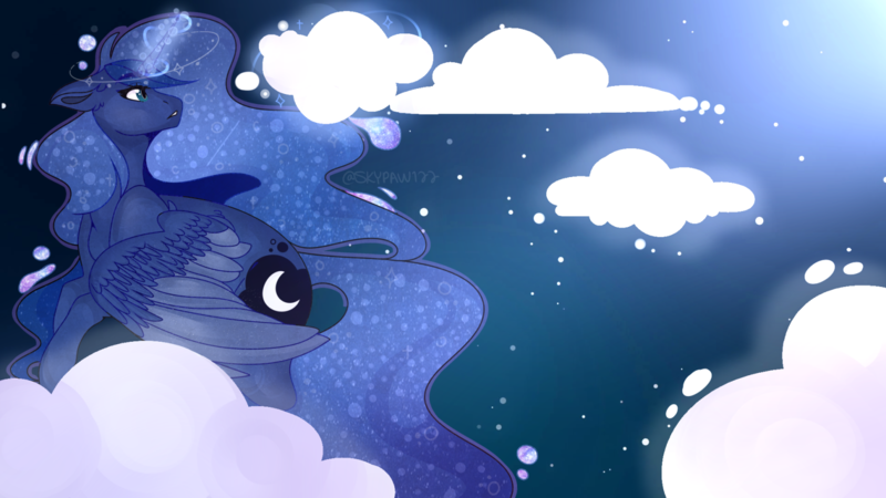 Size: 1581x889 | Tagged: safe, artist:dejja-vu122, derpibooru import, princess luna, alicorn, pony, cloud, glow, glowing horn, horn, image, on a cloud, png, solo