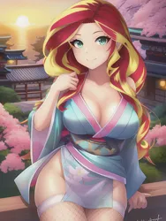 Size: 1020x1360 | Tagged: safe, derpibooru import, editor:sammykun, machine learning generated, novelai, stable diffusion, sunset shimmer, human, equestria girls, architecture, breasts, building, busty sunset shimmer, cherry blossoms, cleavage, clothes, female, fence, fishnet clothing, flower, flower blossom, humanized, image, japanese, kimono (clothing), legwear, lips, looking at you, midriff, moon runes, nipples, nudity, ocean, partial nudity, png, smiling, solo, stupid sexy sunset shimmer, thighs, tree, water, wood, yukata