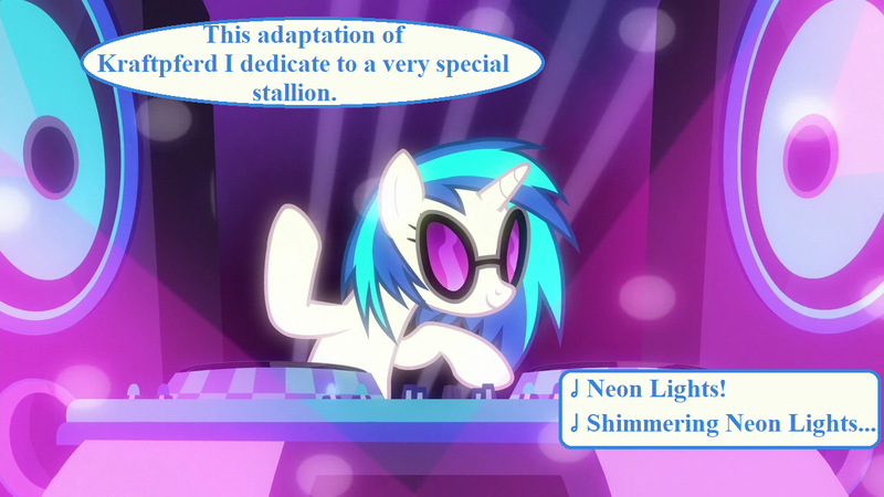 Size: 1280x720 | Tagged: safe, derpibooru import, edit, edited screencap, screencap, vinyl scratch, the saddle row review, image, implied neon lights, implied shipping, implied straight, implied vinylights, kraftwerk, lyrics, neon lights (song), png, song reference, speech, speech bubble, talking, text