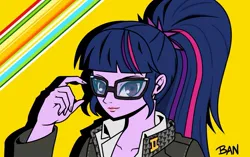 Size: 1183x743 | Tagged: safe, artist:banquo0, derpibooru import, sci-twi, twilight sparkle, equestria girls, bust, clothes, crossover, female, glasses, image, jpeg, looking at you, persona, persona 4, ponytail, school uniform, smiling, solo, yu narukami