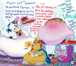 Size: 3484x3029 | Tagged: suggestive, artist:white-eyed vireo, derpibooru import, princess flurry heart, shining armor, sunburst, alicorn, pony, unicorn, belly, big belly, bingo wings, blob, burp, butt, chubby cheeks, dialogue, double chin, eating, fat, fat wings, food, heavy breathing, huge belly, huge butt, image, immobile, impossibly fat mare, impossibly large belly, impossibly large butt, jpeg, large belly, large butt, levitation, magic, magic aura, male, messy eating, morbidly obese, obese, older, older flurry heart, open mouth, princess flabby heart, rolls of fat, shining blubber, sitting, sunblob, table, telekinesis, wings