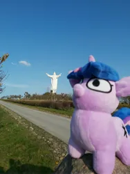 Size: 4896x6528 | Tagged: safe, artist:k.r.e.d.k.e, derpibooru import, twilight sparkle, pony, unicorn, absurd resolution, christ the king statue, image, irl, jpeg, photo, plushie, poland, statue, twiggie, unicorn twilight, świebodzin