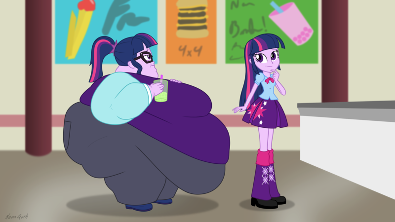 Size: 2560x1440 | Tagged: safe, artist:neongothic, derpibooru import, sci-twi, twilight sparkle, twilight sparkle (alicorn), alicorn, equestria girls, bbw, belly, big belly, big breasts, bingo wings, boba tea, breasts, burger, chubby cheeks, double chin, fat, fat ass, fat boobs, fat fetish, fetish, food, french fries, image, large butt, morbidly obese, obese, png, ssbbw, thighs, thunder thighs, weight gain
